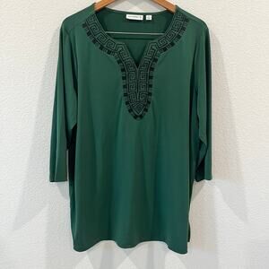 Susan Graver Emerald Green 3/4 Sleeve Women's Embroidered Tunic Top | Size 1X